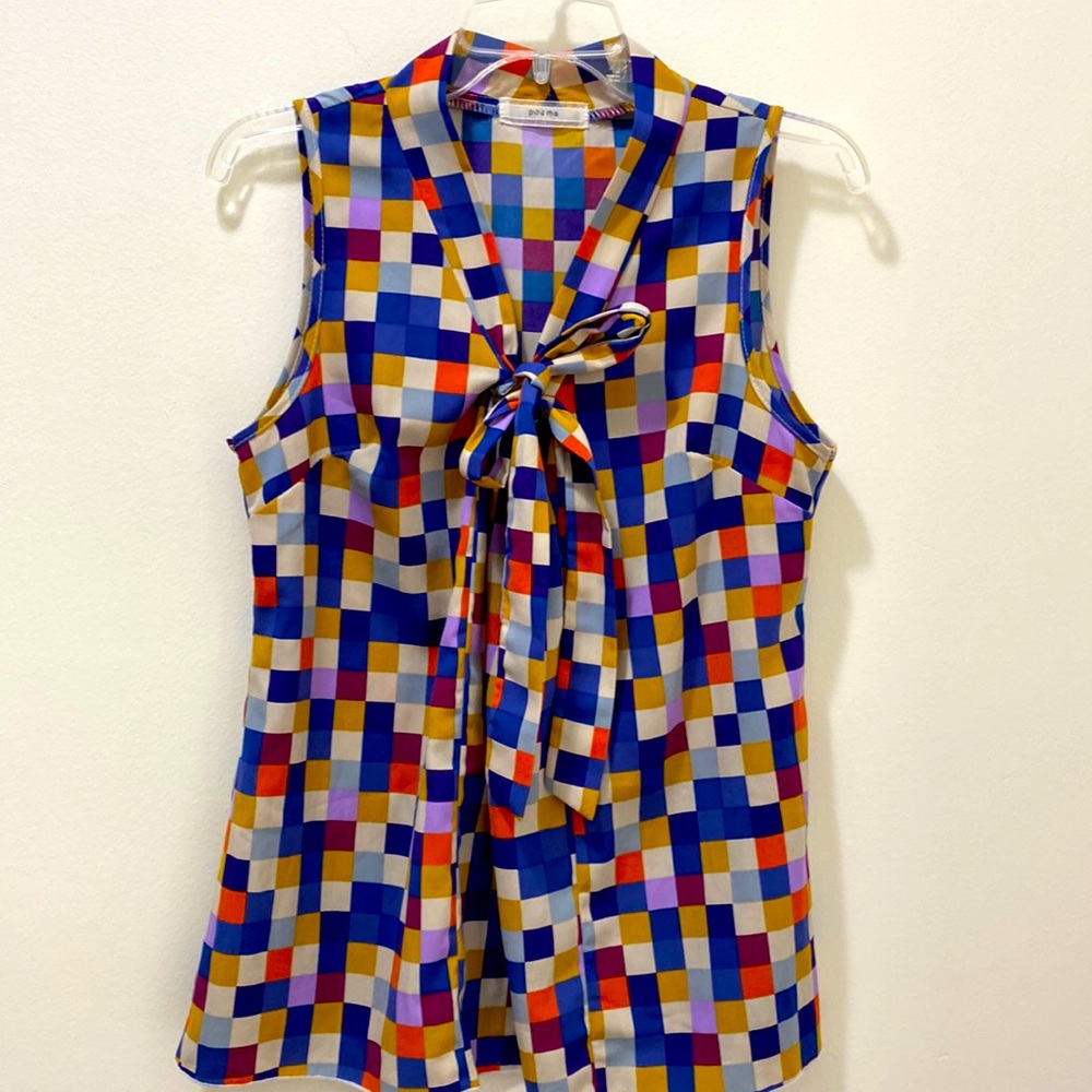 ModCloth Poema Tie-Neck Colorful Checkered Blouse Size S